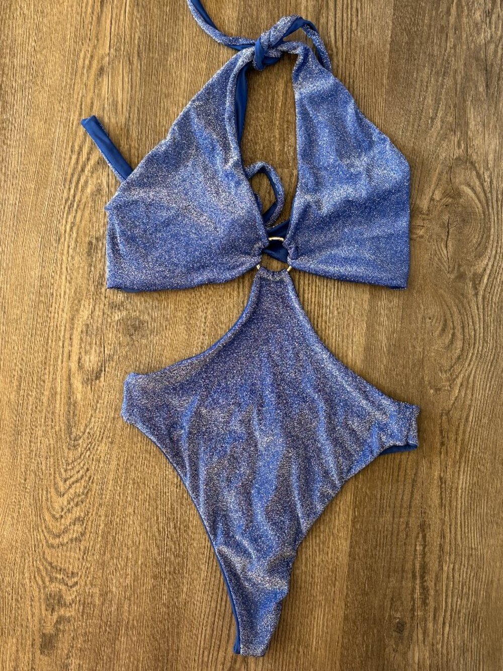 Sparkly blue one-piece swimsuit